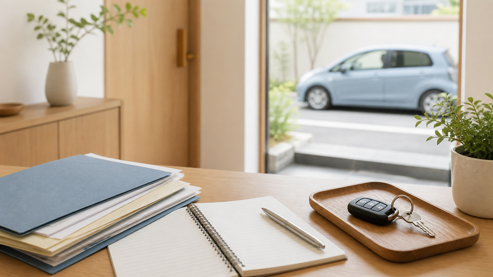 車の鍵と書類を机に置き、免許返納後の選択肢を整理するイメージ