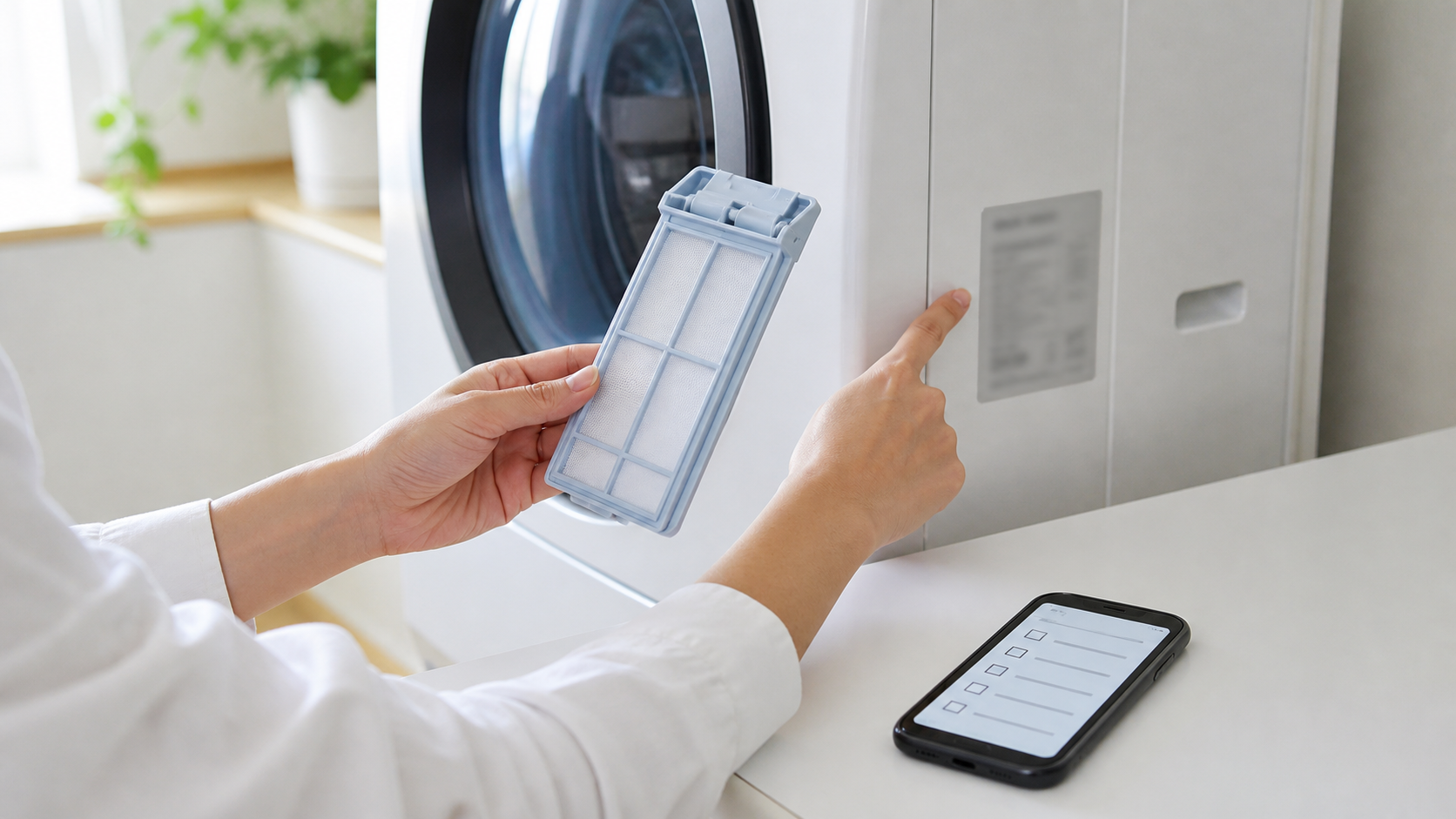 洗濯機の前で糸くずフィルターを持ち、本体を確認する様子