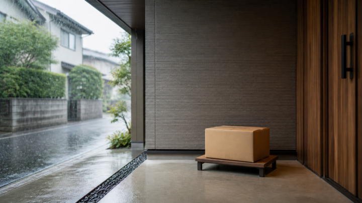 雨の降る屋外から離れた屋根付き玄関で、乾いた台の上に置かれた無地の段ボール箱