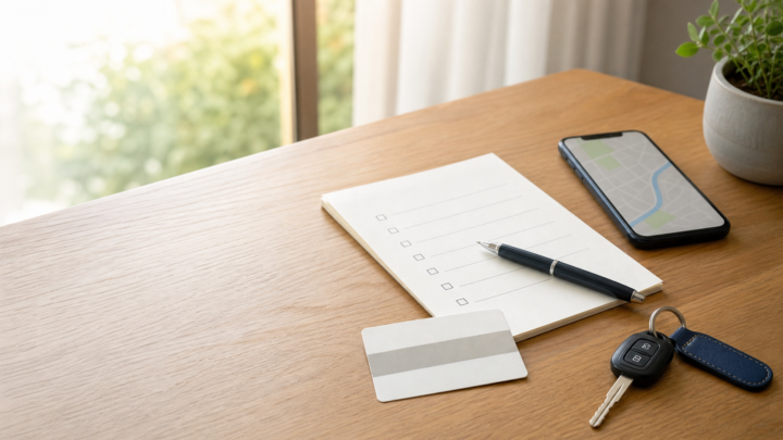 免許返納を考える前に、確認事項をまとめた紙と地図、車の鍵を並べた机