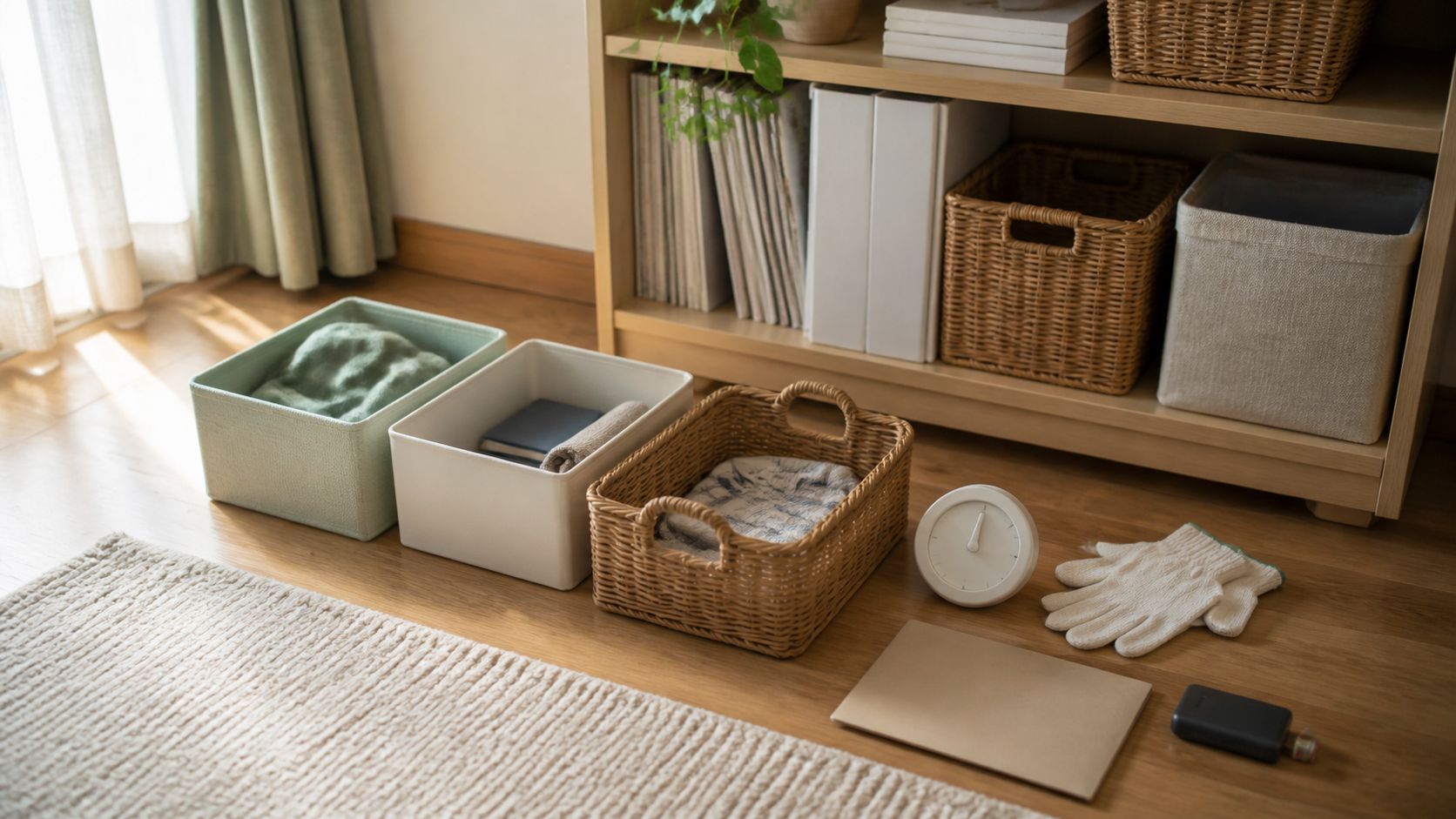 木製棚の前に三つの収納箱とタイマー、手袋、書類フォルダーを並べた片付け開始前の部屋