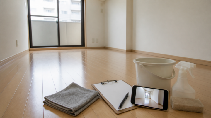 退去前の部屋で掃除道具と記録用のスマートフォンを並べたイメージ