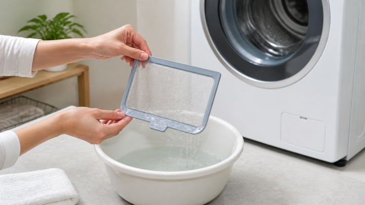 洗濯機の前で糸くずフィルターを水ですすぐ手元