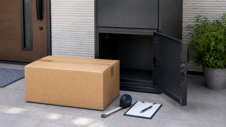 宅配ボックスの開いた扉と入らない荷物