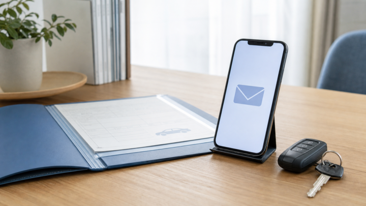 車の書類と連絡手段を確認するスマートフォンと車の鍵