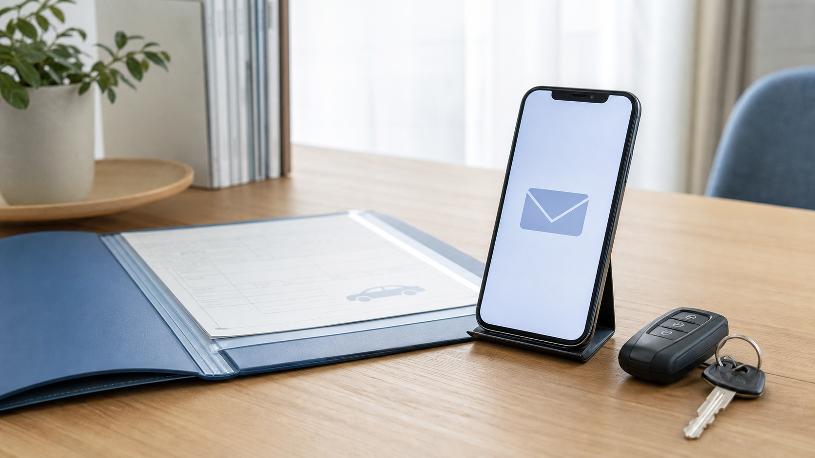 車の書類と連絡手段を確認するスマートフォンと車の鍵