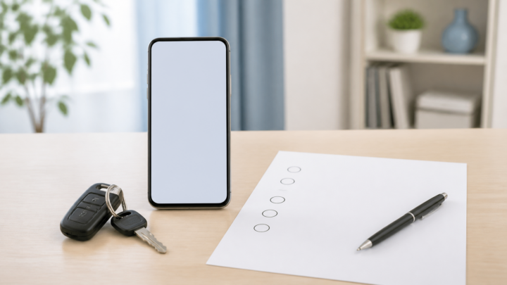 車一括査定の連絡条件を確認するための車の鍵とスマートフォンとチェック項目