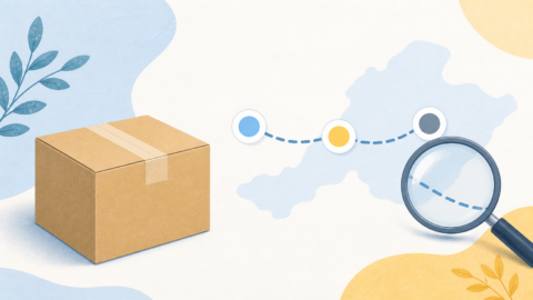 荷物の追跡状況を確認するための箱と虫眼鏡のイラスト