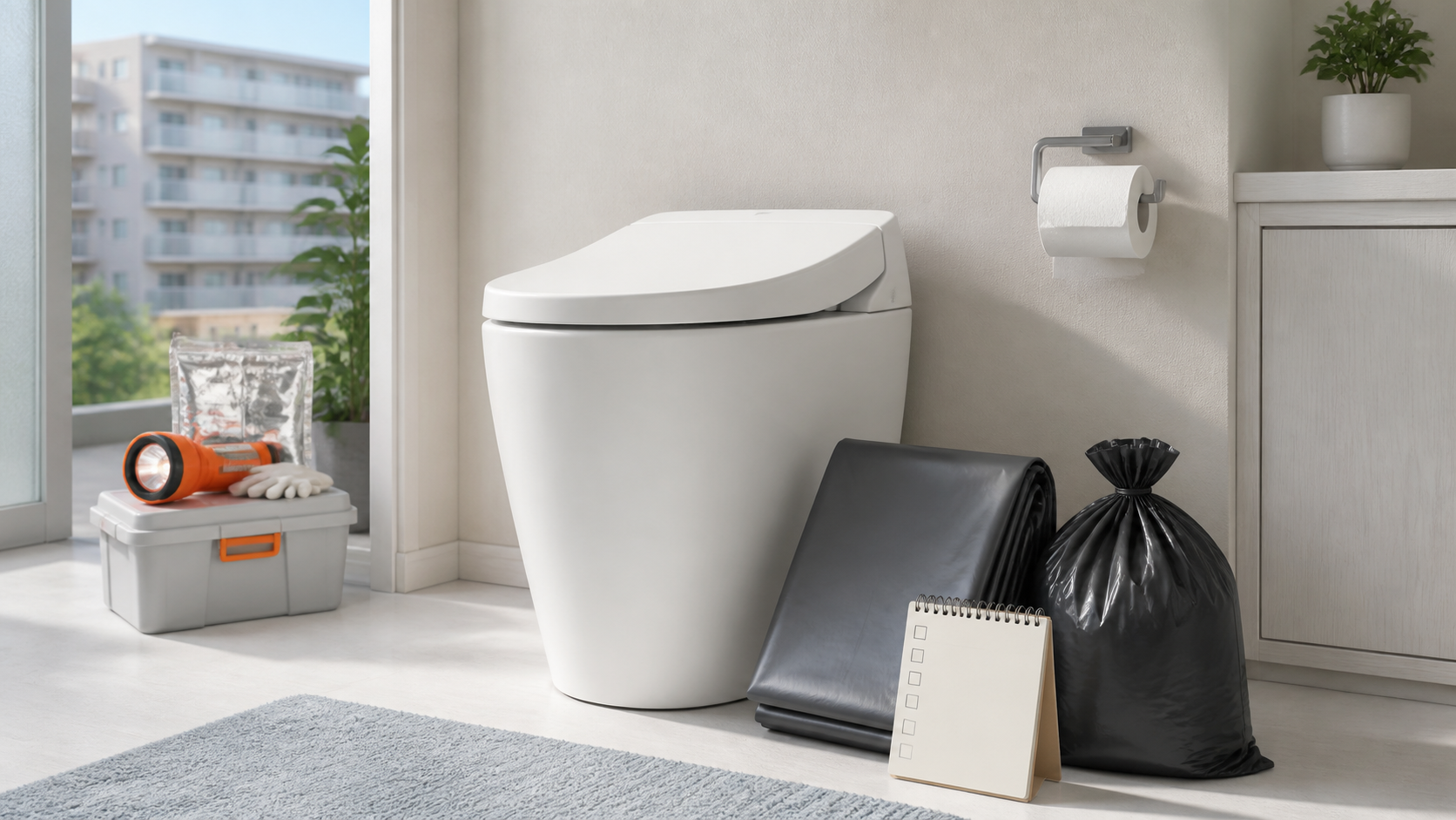 マンションの災害時トイレに備える携帯トイレと閉じた便器のイメージ