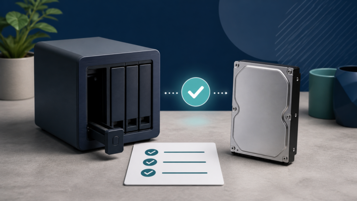 NAS本体とHDD、確認項目を表すイメージ