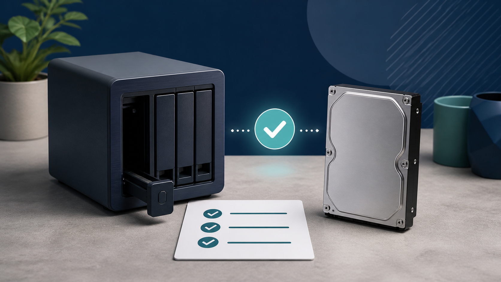 NAS本体とHDD、確認項目を表すイメージ