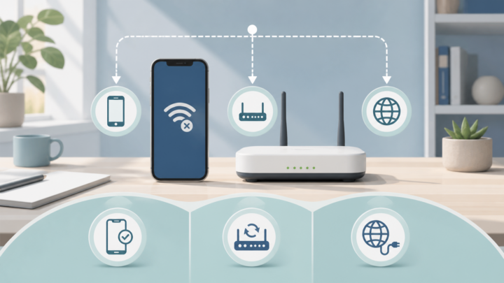 スマートフォンとルーターを端末・機器・回線に分けて確認するWi-Fi接続トラブルのイメージ