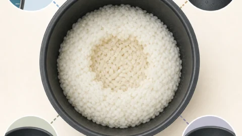 炊飯器の内釜と芯が残ったご飯を確認するイメージ