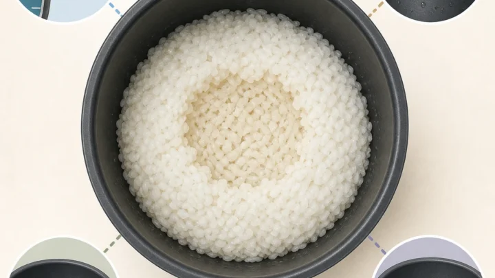 炊飯器の内釜と芯が残ったご飯を確認するイメージ
