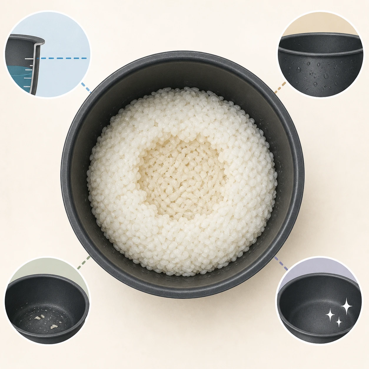 炊飯器の内釜と芯が残ったご飯を確認するイメージ