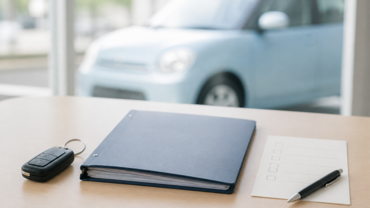 Car key, contract folder, and checklist on a desk`