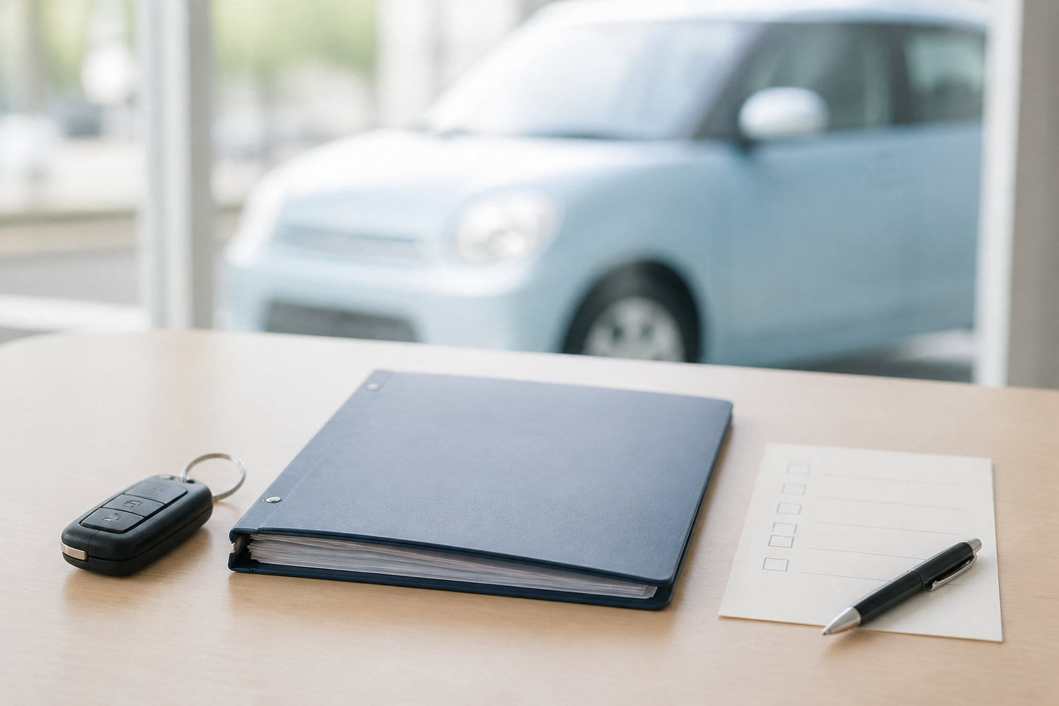 Car key, contract folder, and checklist on a desk`