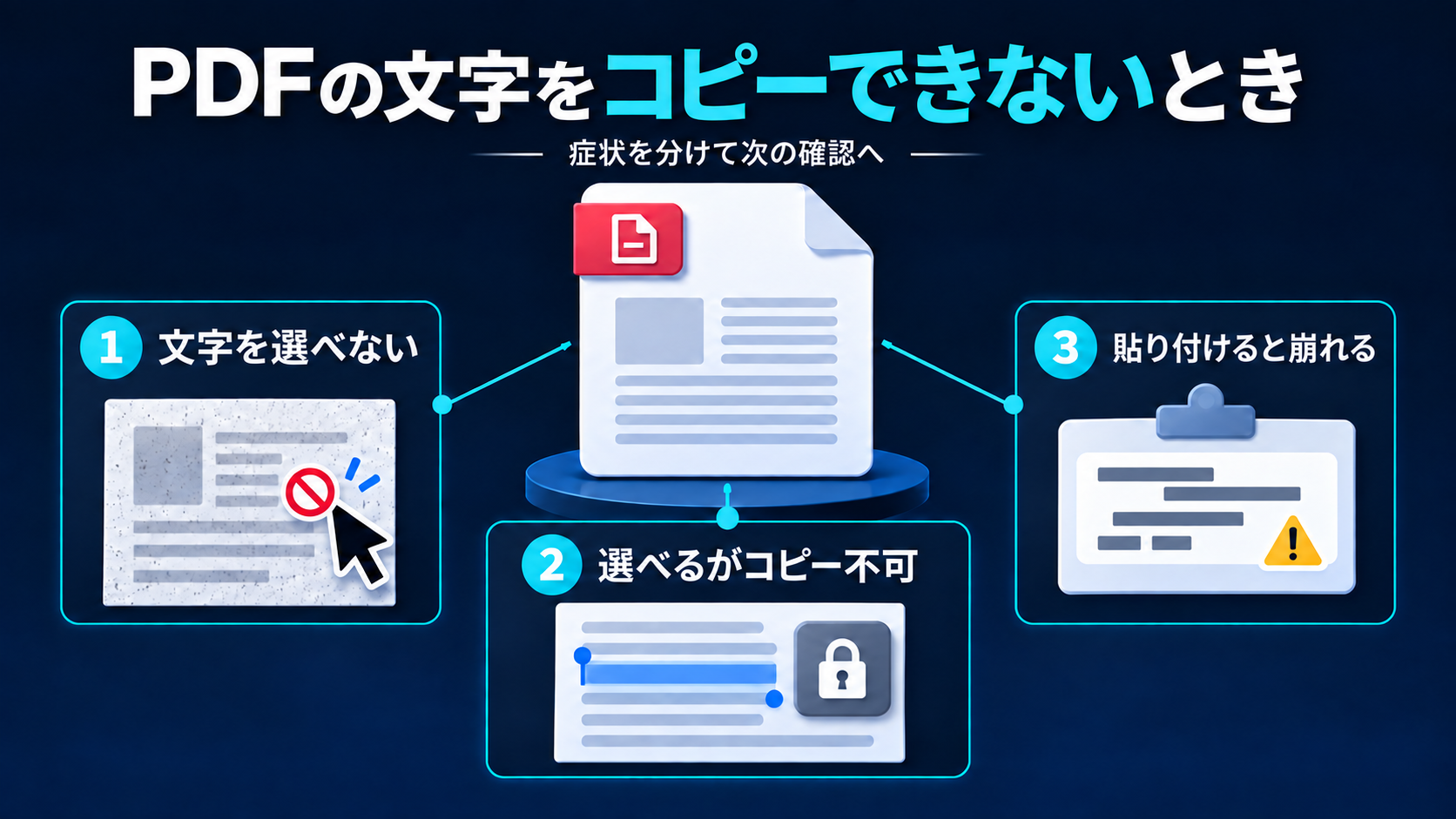 PDFの文字をコピーできないときの三つの症状。文字を選べない、選べるがコピーできない、貼り付けると崩れる状態の図