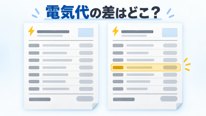 2枚の電気料金明細を並べ、増えた項目を比較するイラスト